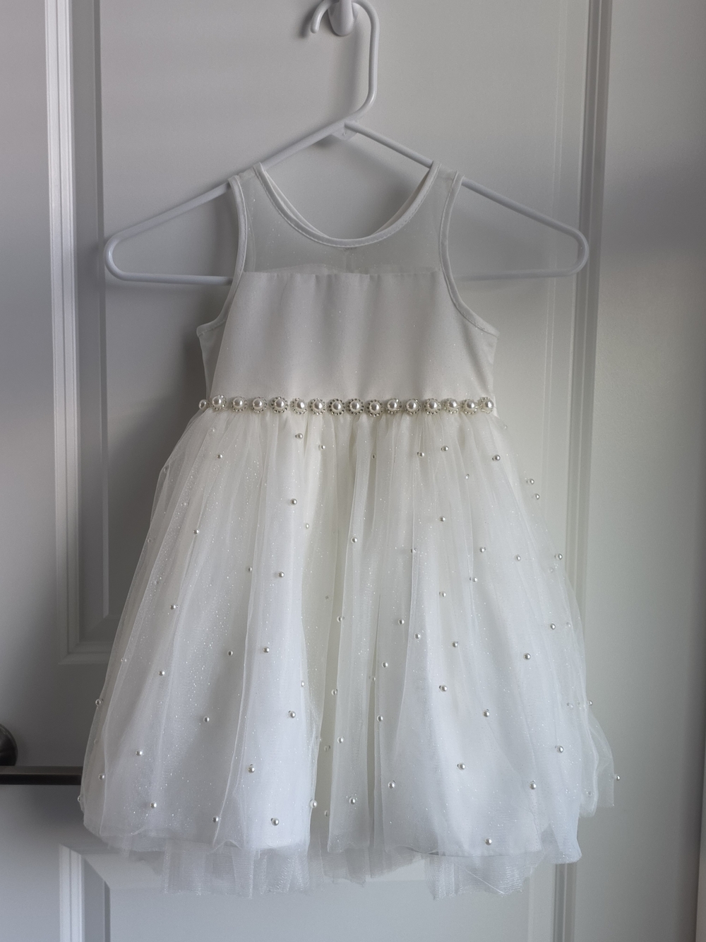 Girls White Pearl-Embellished Tulle Party Dress Size 4T